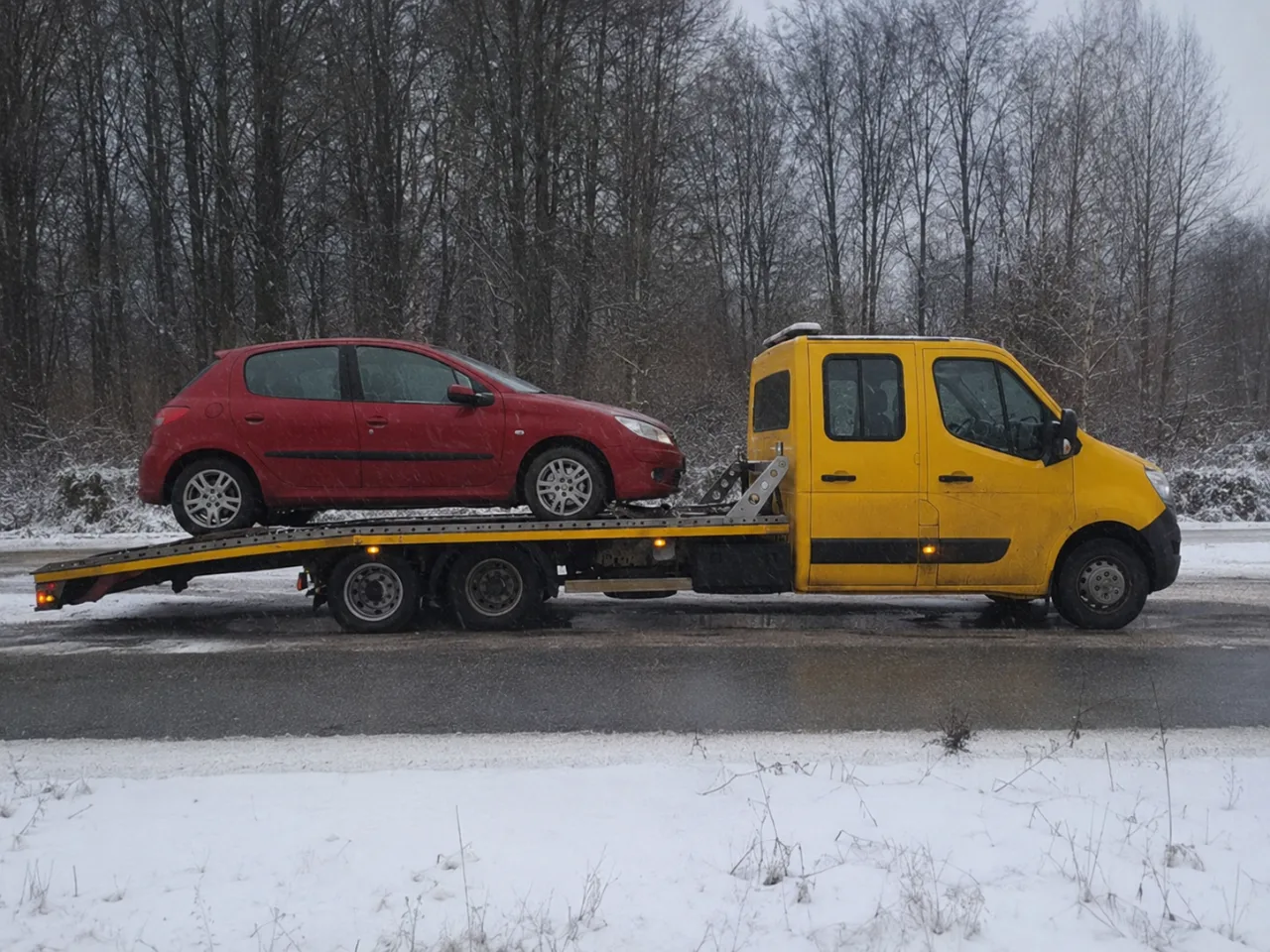Holowanie auta na lawecie w śniegu – Leszno