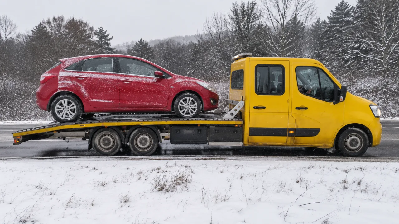 Holowanie czerwonego auta na lawecie zimą – Leszno