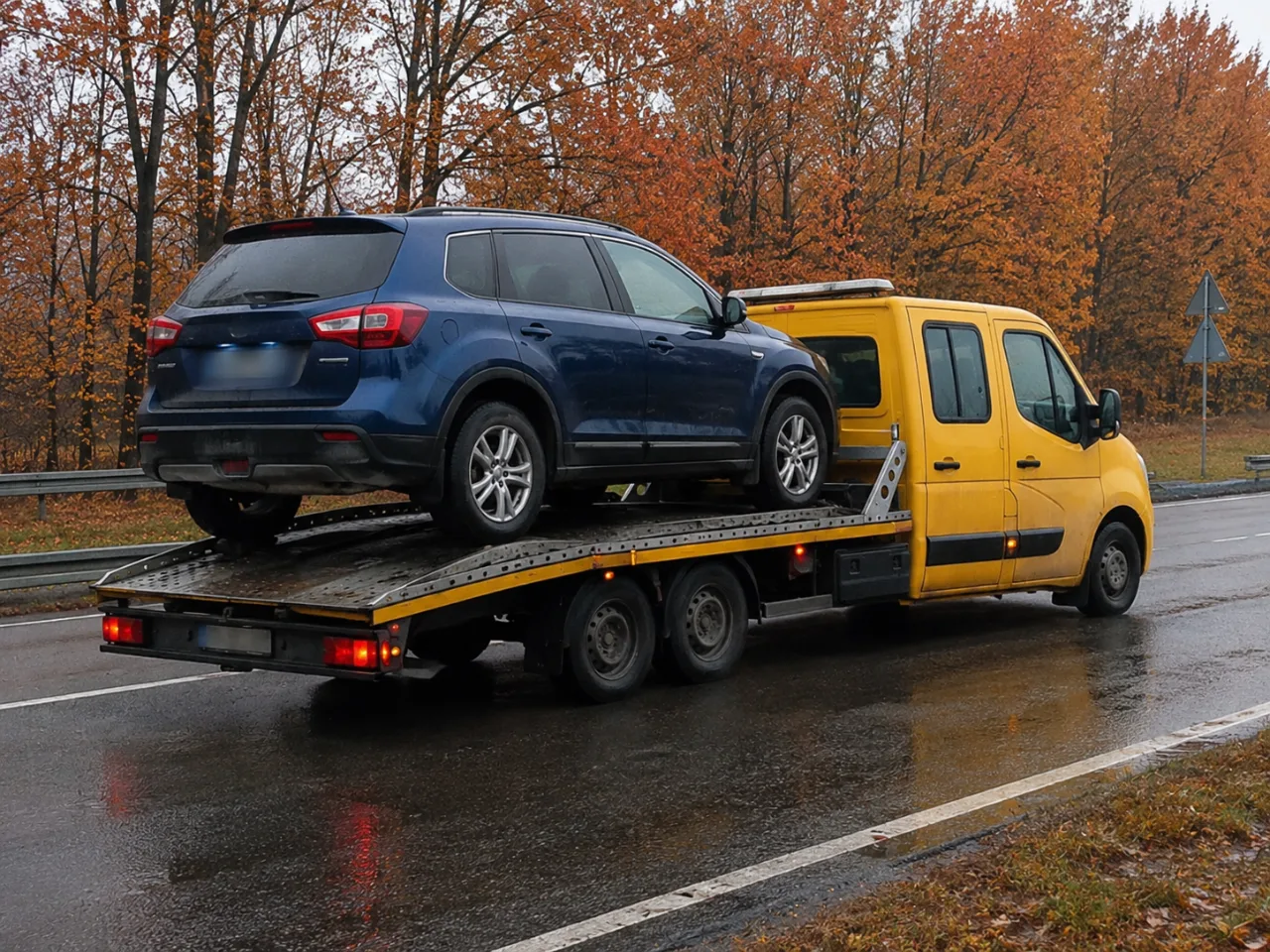 Transport SUV-a na lawecie jesienią – Leszno