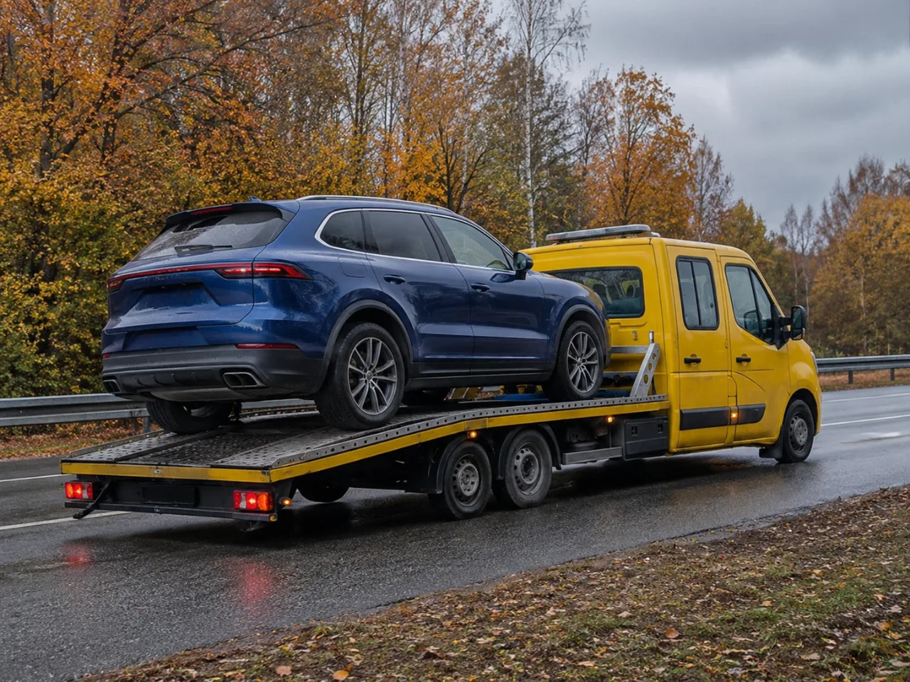 Transport niebieskiego SUV-a na lawecie – GREG-HOL Leszno